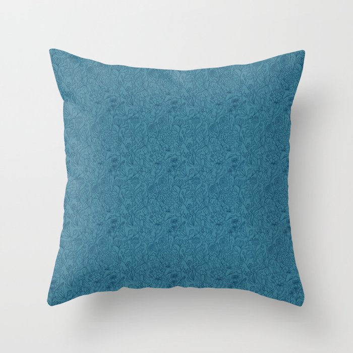 Intricate Hand-Drawn Botanical Pattern in Blue Throw Pillow