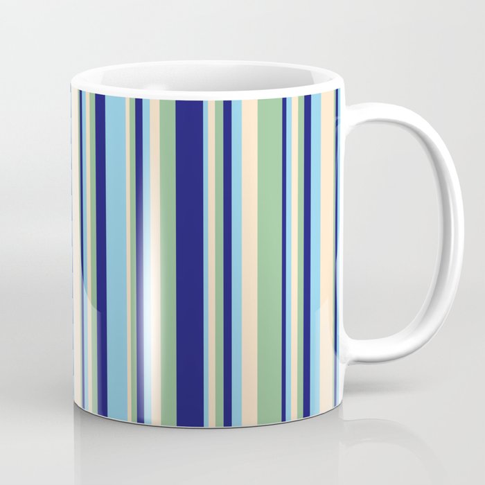 Bisque, Dark Sea Green, Midnight Blue, and Sky Blue Colored Stripes Pattern Coffee Mug