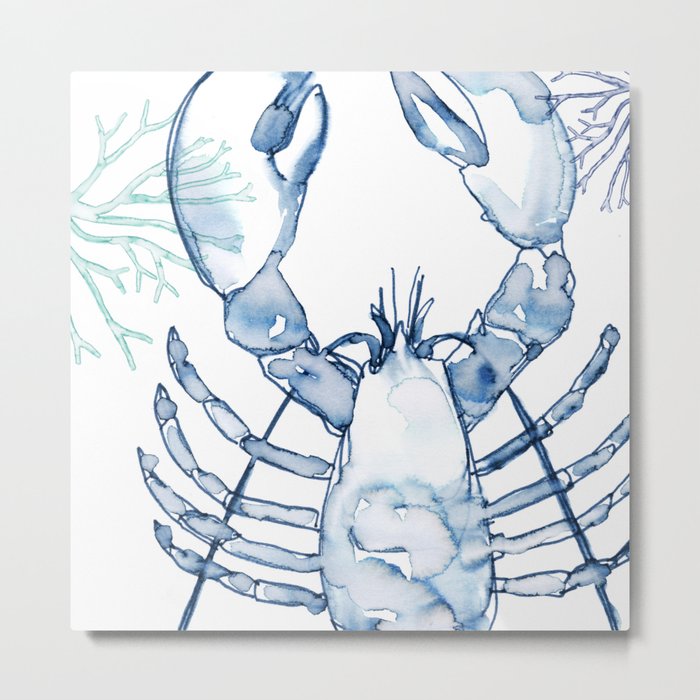 Coastal Lobster, Watercolor in Blues Metal Print