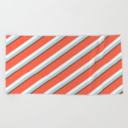 [ Thumbnail: Red, Mint Cream, Light Blue, and Sienna Colored Lines/Stripes Pattern Beach Towel ]