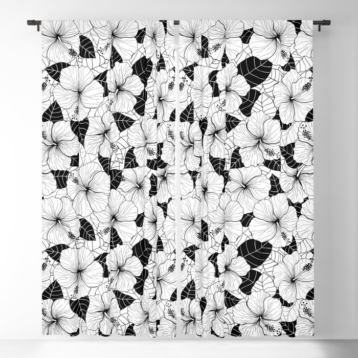 Hibiscus flowers and leaves tropical pattern Blackout Curtain