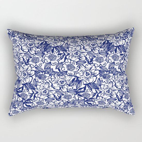 Indigo Florals watercolor painterly botanical boho pattern print nature spring summer monochromatic Rectangular Pillow