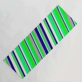 [ Thumbnail: Eyecatching Dark Gray, Dark Blue, Beige, Green & Lime Colored Striped/Lined Pattern Yoga Mat ]