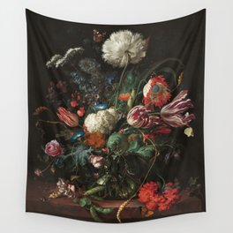 Still Life Parrot Tulips, Peonies, Hibiscus, Hydranga, Periwinkle Flowers in Vase by Jan de Heem Wall Tapestry