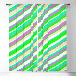 [ Thumbnail: Vibrant Green, Orchid, Lime, Pale Goldenrod, and White Colored Pattern of Stripes Blackout Curtain ]