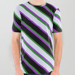 [ Thumbnail: Forest Green, Lavender, Dark Orchid, and Black Colored Striped Pattern All Over Graphic Tee ]