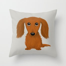 Cute Dog | Longhaired Red Dachshund Cartoon Throw Pillow