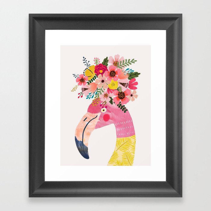 Pink flamingo with flowers on head Framed Art Print