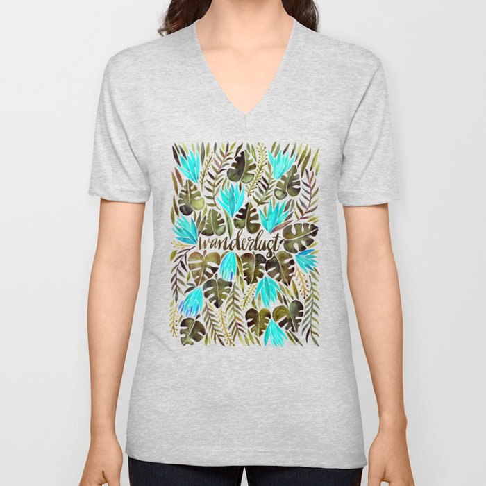 Tropical Wanderlust – Turquoise & Olive V Neck T Shirt