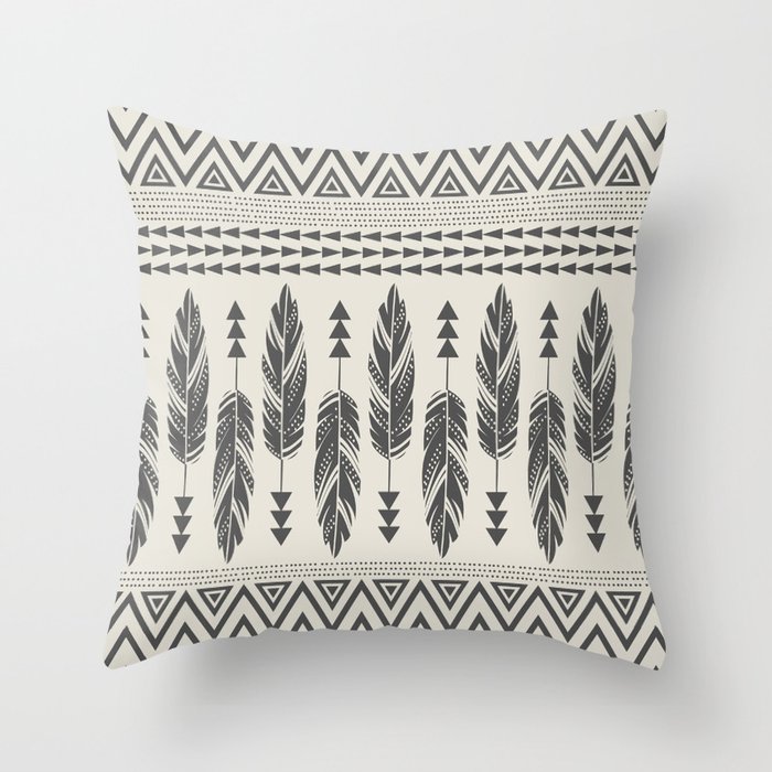 Tribal Feathers-Black & Cream Throw Pillow