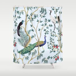 Vintage garden pomegranate fruit tree, exotic bird, peacock floral seamless pattern blue background. Exotic chinoiserie hand drawn.  Shower Curtain
