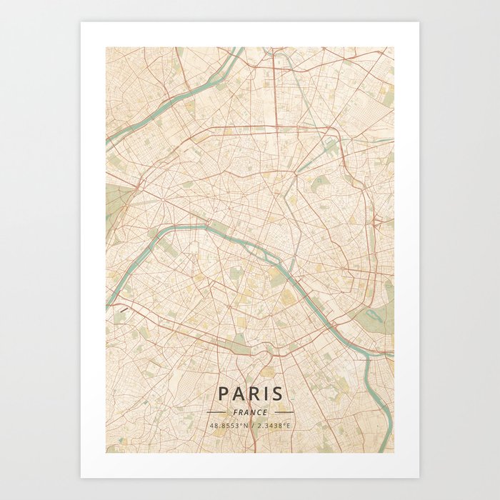 Paris, France - Vintage Map Art Print