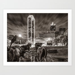 Dallas Texas Longhorns In Pioneer Plaza - Sepia Art Print | Cattledrive, Dallassculptures, Dallasinsepia, Walldecor, Bankofamerica, Dallascityscape, Monochromedecor, Sepiaart, Dallasmonochrome, Skyscraperprints 