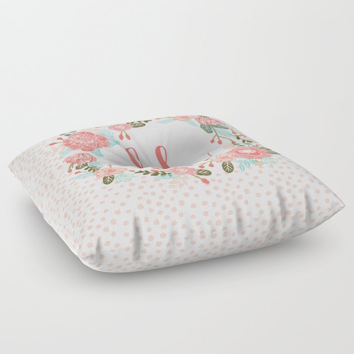 Monogram M - cute girls coral florals flower wreath, coral florals, baby girl, baby blanket Floor Pillow