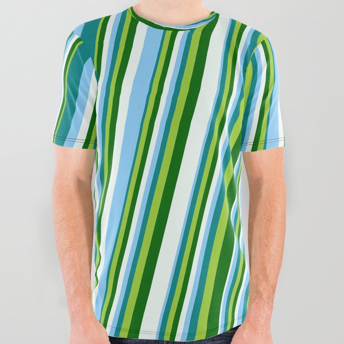 Light Sky Blue, Teal, Green, Dark Green, and Mint Cream Colored Striped Pattern All Over Graphic Tee
