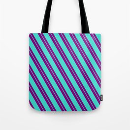 [ Thumbnail: Purple and Turquoise Colored Lined/Striped Pattern Tote Bag ]