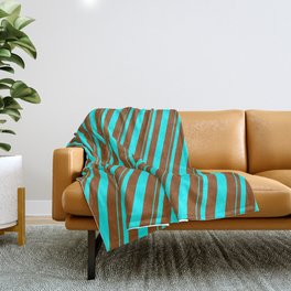 [ Thumbnail: Aqua and Brown Colored Lined/Striped Pattern Throw Blanket ]