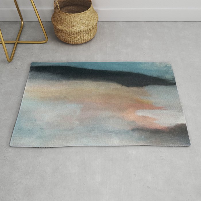 Dawn: a minimal abstract acrylic piece in pink, blues, yellow, and white Rug