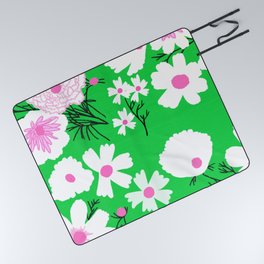 Wildflower Fields Retro Spring Green and Pink Picnic Blanket