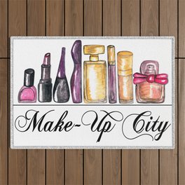 Beauty Products Watercolor Paint, Make Up City Outdoor Rug
