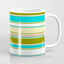 [ Thumbnail: Colorful Dark Turquoise, Pale Goldenrod, Green, Mint Cream & Tan Colored Lined/Striped Pattern Coffee Mug ]
