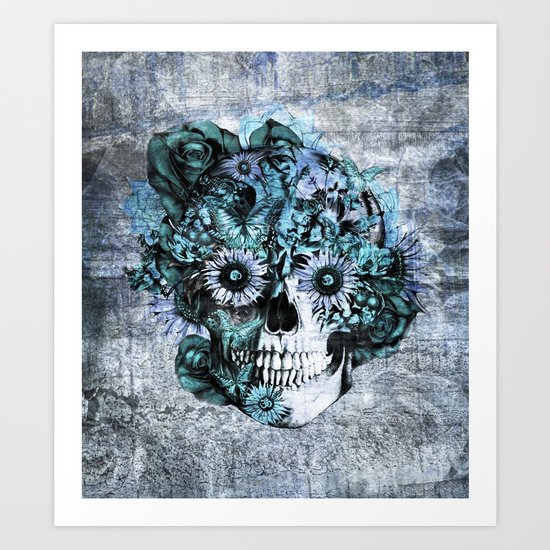 Blue grunge ohm skull Art Print