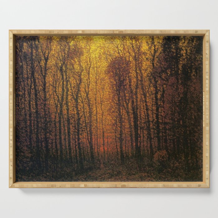 Deep woods in fall birch and aspen trees in golden twilight landscape nature painting by John Joseph Enneking Serving Tray