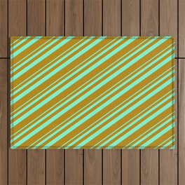 [ Thumbnail: Aquamarine & Dark Goldenrod Colored Lined/Striped Pattern Outdoor Rug ]