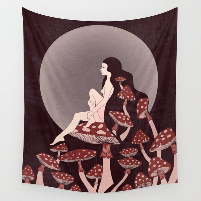 Mushroom Queen, 70s, 60s, 1920s, art nouveau inspired art Wall Tapestry