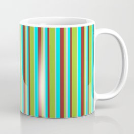 [ Thumbnail: Aqua, Brown, Green & Light Grey Colored Striped Pattern Coffee Mug ]