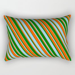 [ Thumbnail: Dark Green, Sky Blue, and Red Colored Striped Pattern Rectangular Pillow ]