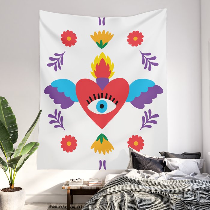 Sacred Heart Evil Eye Mexican Otomi Embroidery Folk Art Floral