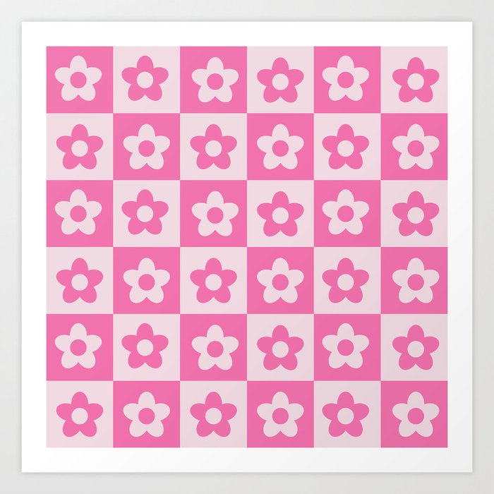 Hot Pink and White Retro Checkered Flower Pattern Art Print