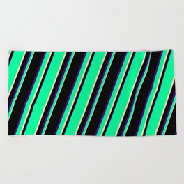 [ Thumbnail: Green, Tan, Black, and Indigo Colored Lines/Stripes Pattern Beach Towel ]