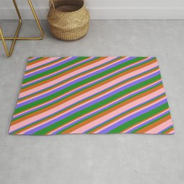 [ Thumbnail: Chocolate, Light Pink, Medium Slate Blue, and Forest Green Colored Stripes/Lines Pattern Rug ]