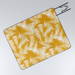 Mustard And White Fern Leaf Pattern Picnic Blanket