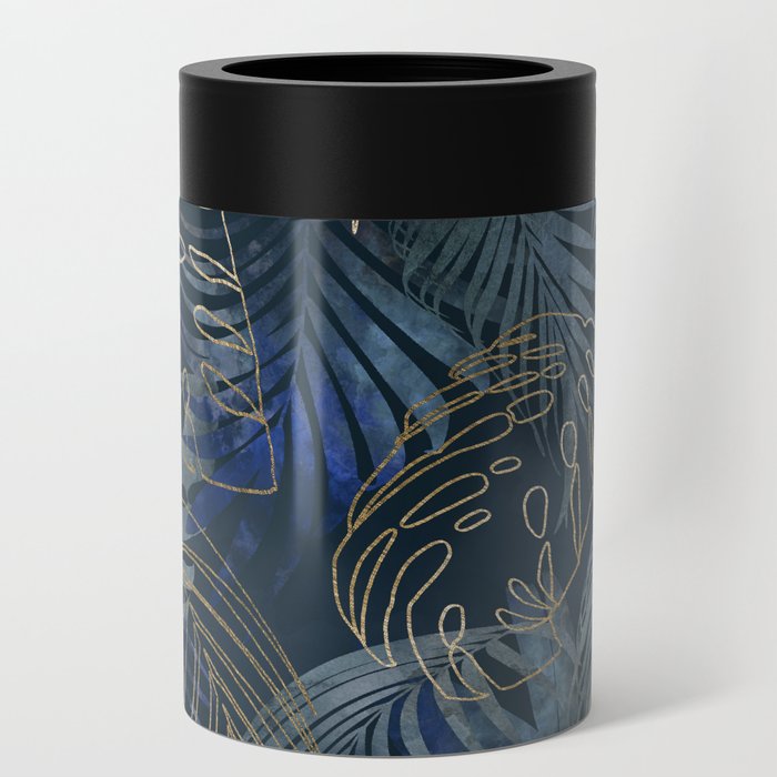 Mystic Jungle Monstera And Palm Leaves Blue And Gold Can Cooler