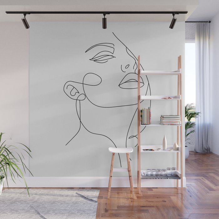 Woman In One Line Gray Background Wall Mural