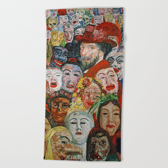 A face in the crowd; Ensor with Masks, self-portrait, Ensor aux masques grotesque art portrait painting by James Ensor Beach Towel
