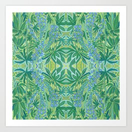 Lupines in Sunlight, Bohemian Floral Arabesque Pattern Chartreuse Art Print