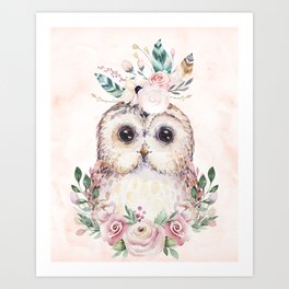 Forest Owl Floral Pink by Nature Magick Art Print