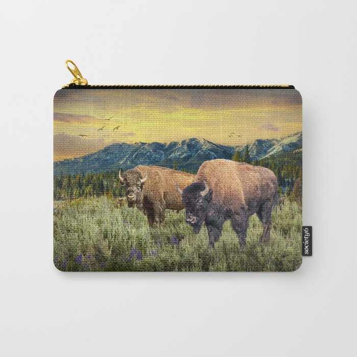 American Buffalo Western Landscape with Mountain Sunset in Yellowstone National Park Carry-All Pouch