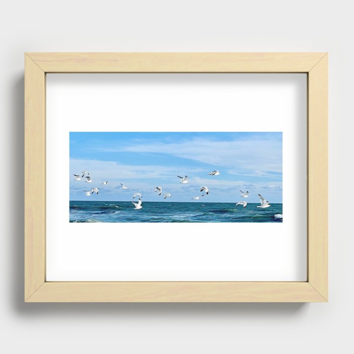 seagulls in flight, blue skies Recessed Framed Print