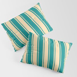 [ Thumbnail: Tan & Dark Cyan Colored Stripes/Lines Pattern Pillow Sham ]