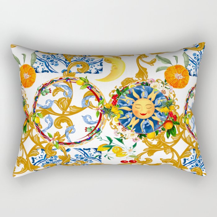 Sicilian sun,Mediterranean style,mosaic,half moon,summer art Rectangular Pillow