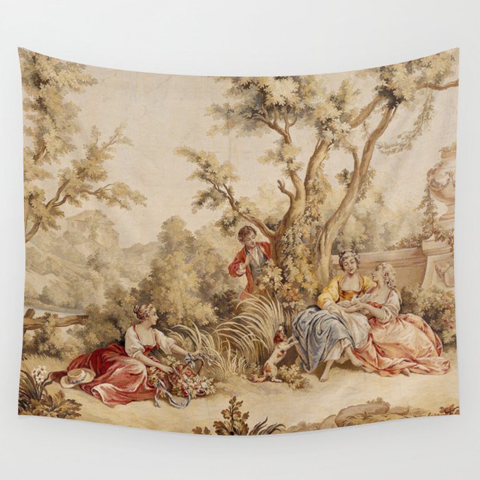 Antique 18th Century Romantic Pastoral Scene French Aubusson Tapestry Wall Tapestry