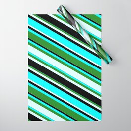 [ Thumbnail: Aqua, Forest Green, Light Cyan, and Black Colored Lines/Stripes Pattern Wrapping Paper ]