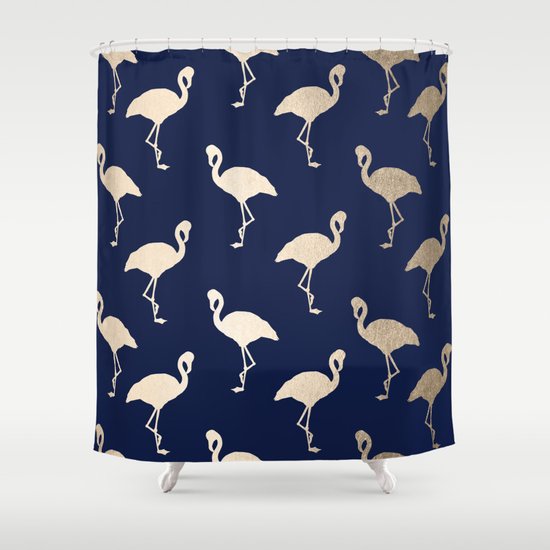 Gold Flamingo Pattern Navy Blue Shower Curtain By Simple