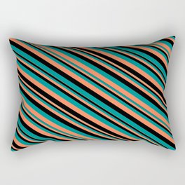 [ Thumbnail: Black, Dark Cyan & Coral Colored Striped Pattern Rectangular Pillow ]