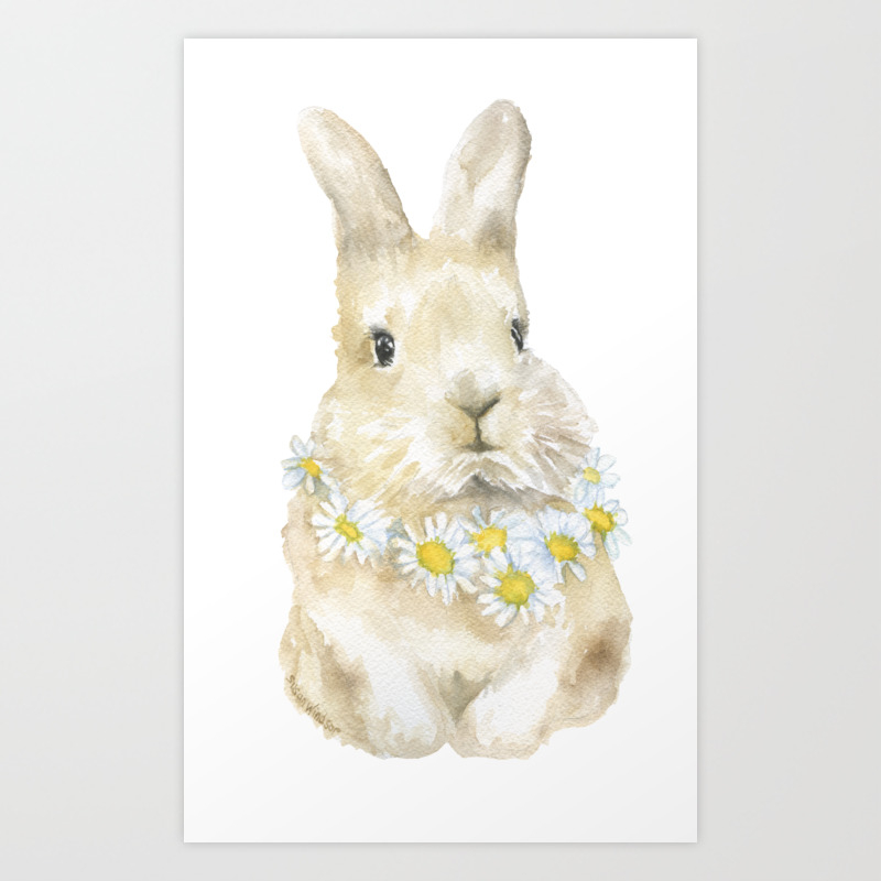 bunny rabbit with daisy wreath watercolor art print by susanwindsor
